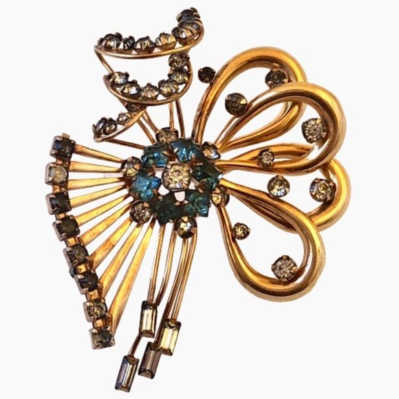 M&S Rhinestone Bow Brooch 1/20 12K Gold Filled Vintage Signed 1950s - Picture 4 of 16